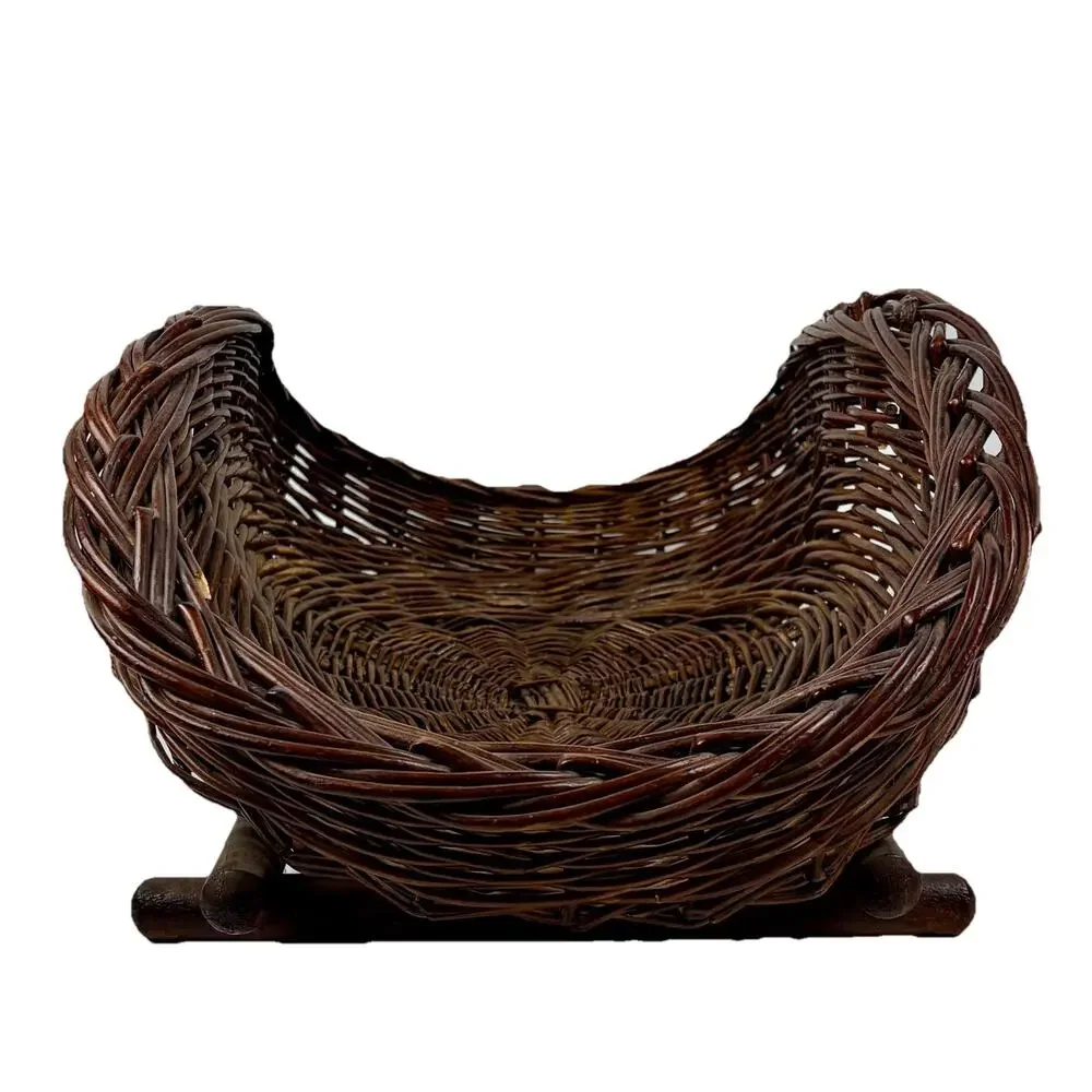 Large Rustic Wicker Harvest Basket Wood Base Fire Log Holder Blanket Storage